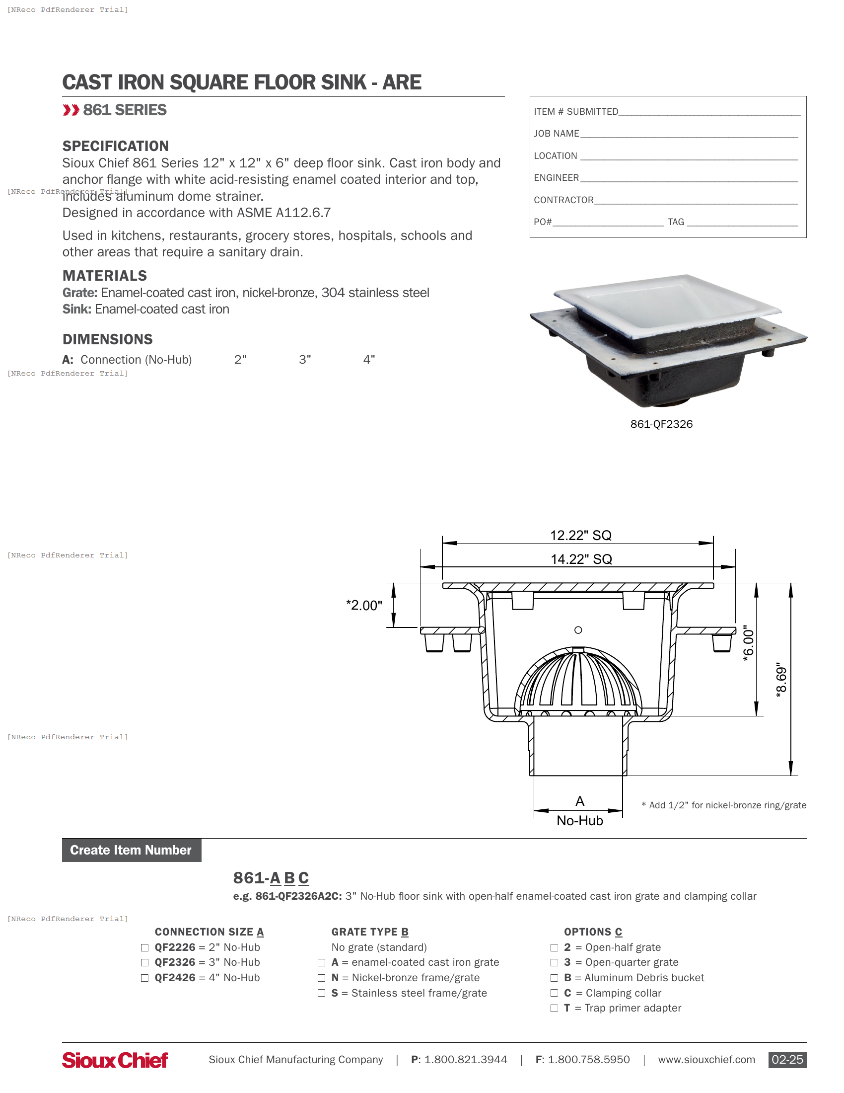 861-QF SERIES - 12X12X6 FLOOR SINK - SPEC SHEET.PDF Specification Document